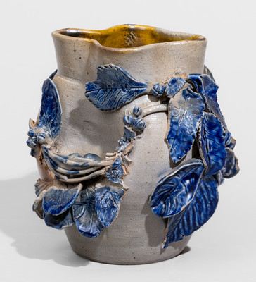 Extremely Rare Cobalt-Decorated Stoneware Vase w/ Applied Bird's Nest and Foliate Designs