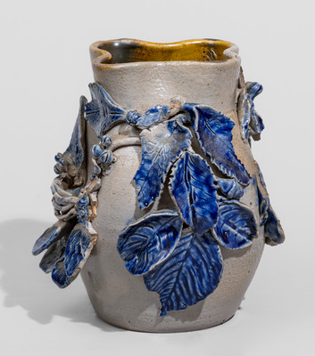 Extremely Rare Cobalt-Decorated Stoneware Vase w/ Applied Bird's Nest and Foliate Designs