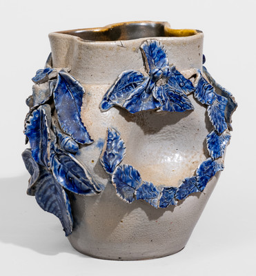 Extremely Rare Cobalt-Decorated Stoneware Vase w/ Applied Bird's Nest and Foliate Designs