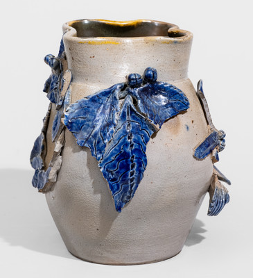 Extremely Rare Cobalt-Decorated Stoneware Vase w/ Applied Bird's Nest and Foliate Designs
