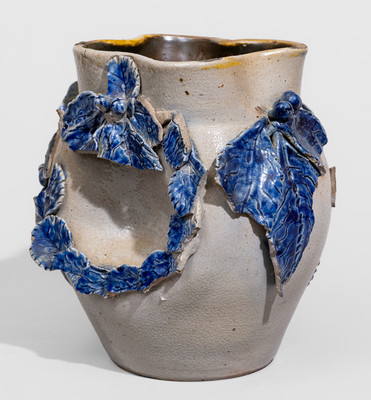 Extremely Rare Cobalt-Decorated Stoneware Vase w/ Applied Bird's Nest and Foliate Designs