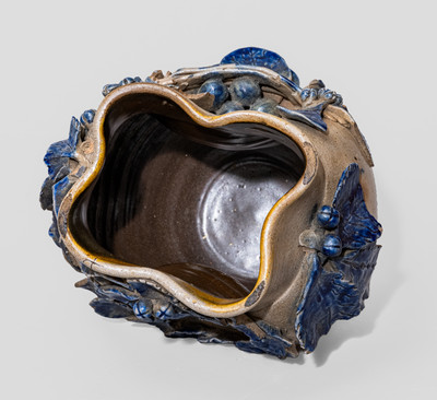 Extremely Rare Cobalt-Decorated Stoneware Vase w/ Applied Bird's Nest and Foliate Designs