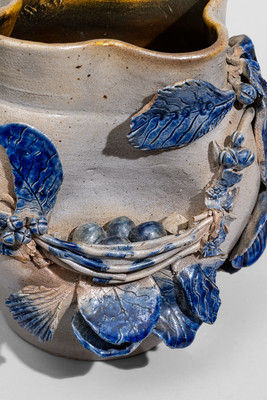 Extremely Rare Cobalt-Decorated Stoneware Vase w/ Applied Bird's Nest and Foliate Designs