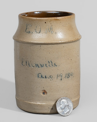 Extremely Rare Ellenville, NY Stoneware Presentation Mug w/ Incised Potter's Wheel and Horse Head, 1891