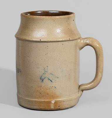 Extremely Rare Ellenville, NY Stoneware Presentation Mug w/ Incised Potter's Wheel and Horse Head, 1891