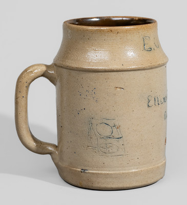 Extremely Rare Ellenville, NY Stoneware Presentation Mug w/ Incised Potter's Wheel and Horse Head, 1891
