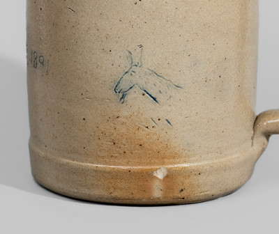 Extremely Rare Ellenville, NY Stoneware Presentation Mug w/ Incised Potter's Wheel and Horse Head, 1891