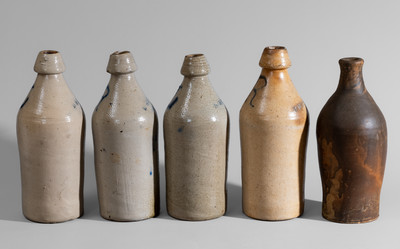 Five Stoneware Bottles, Northeastern U.S. origin, 19th century