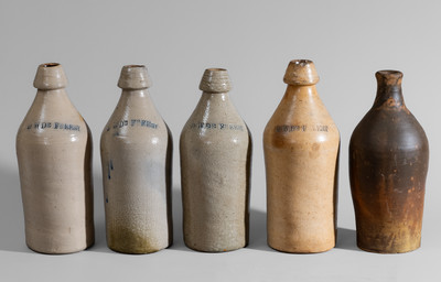 Five Stoneware Bottles, Northeastern U.S. origin, 19th century