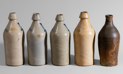 Five Stoneware Bottles, Northeastern U.S. origin, 19th century