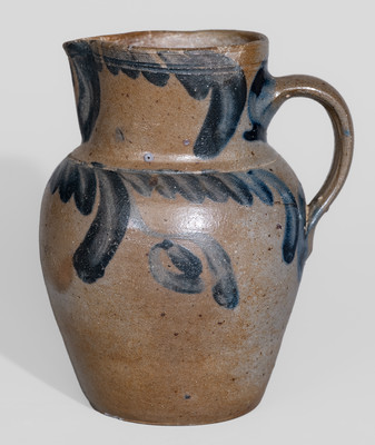 Fine One-Quart Baltimore Stoneware Pitcher w/ Cobalt Floral Decoration, c1840