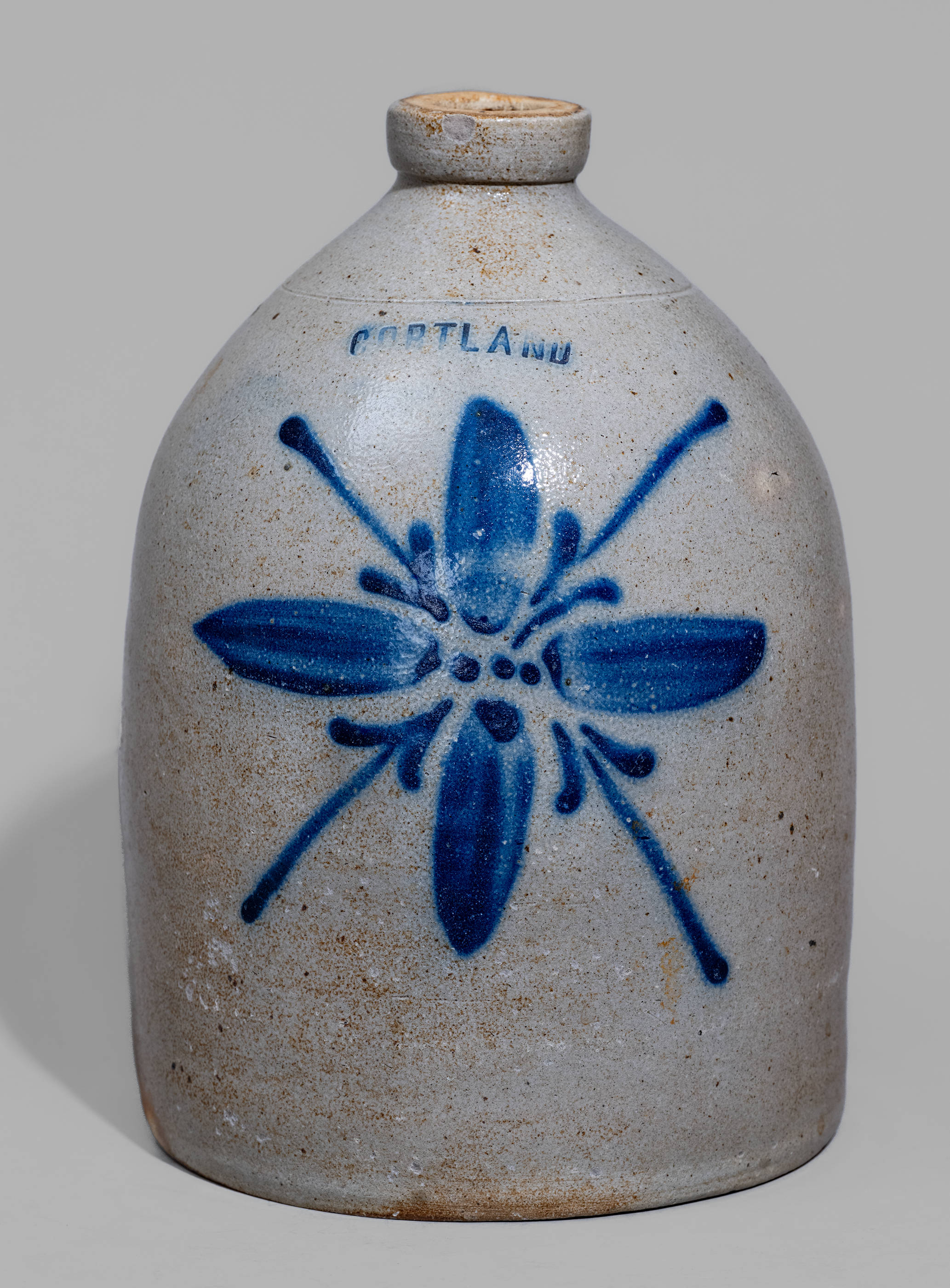 CORTLAND, New York Stoneware Jug w/ Cobalt Floral Decoration