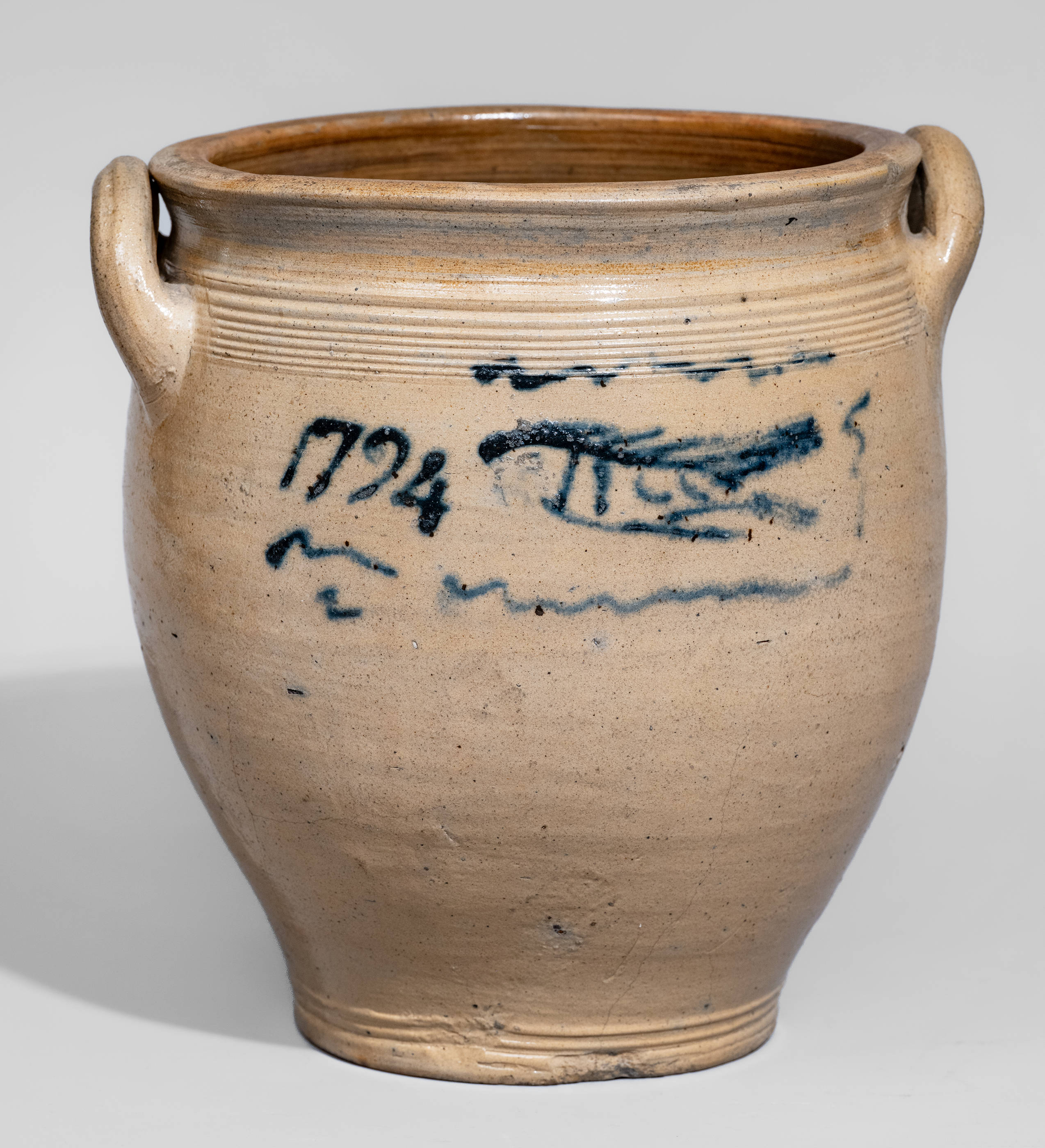 Extremely Rare NJ or NY Open-Handled Stoneware Jar w/ Cobalt Fish