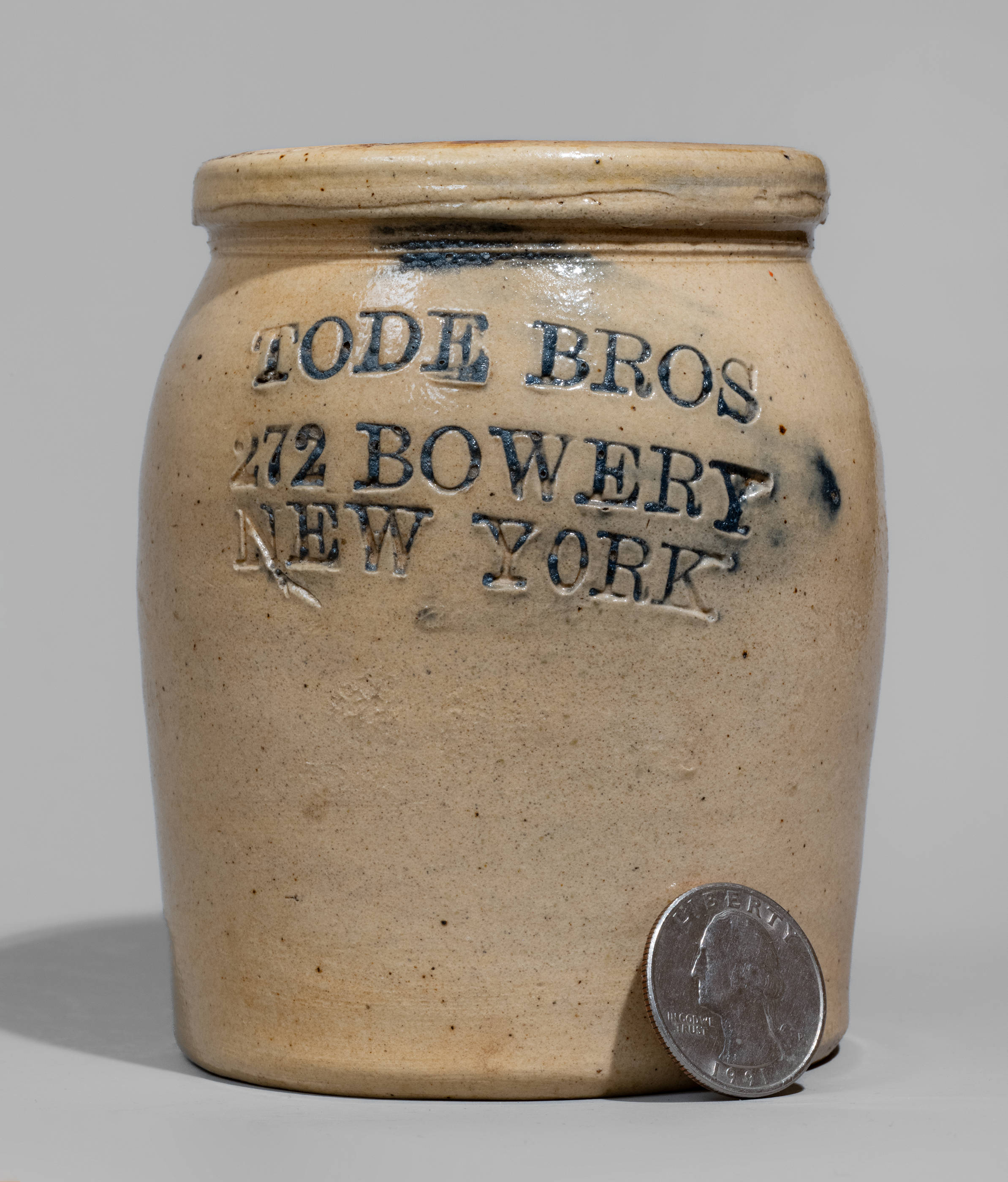 Small-Sized TODE BROS / 272 BOWERY / NEW YORK Stoneware Jar -- Lot
