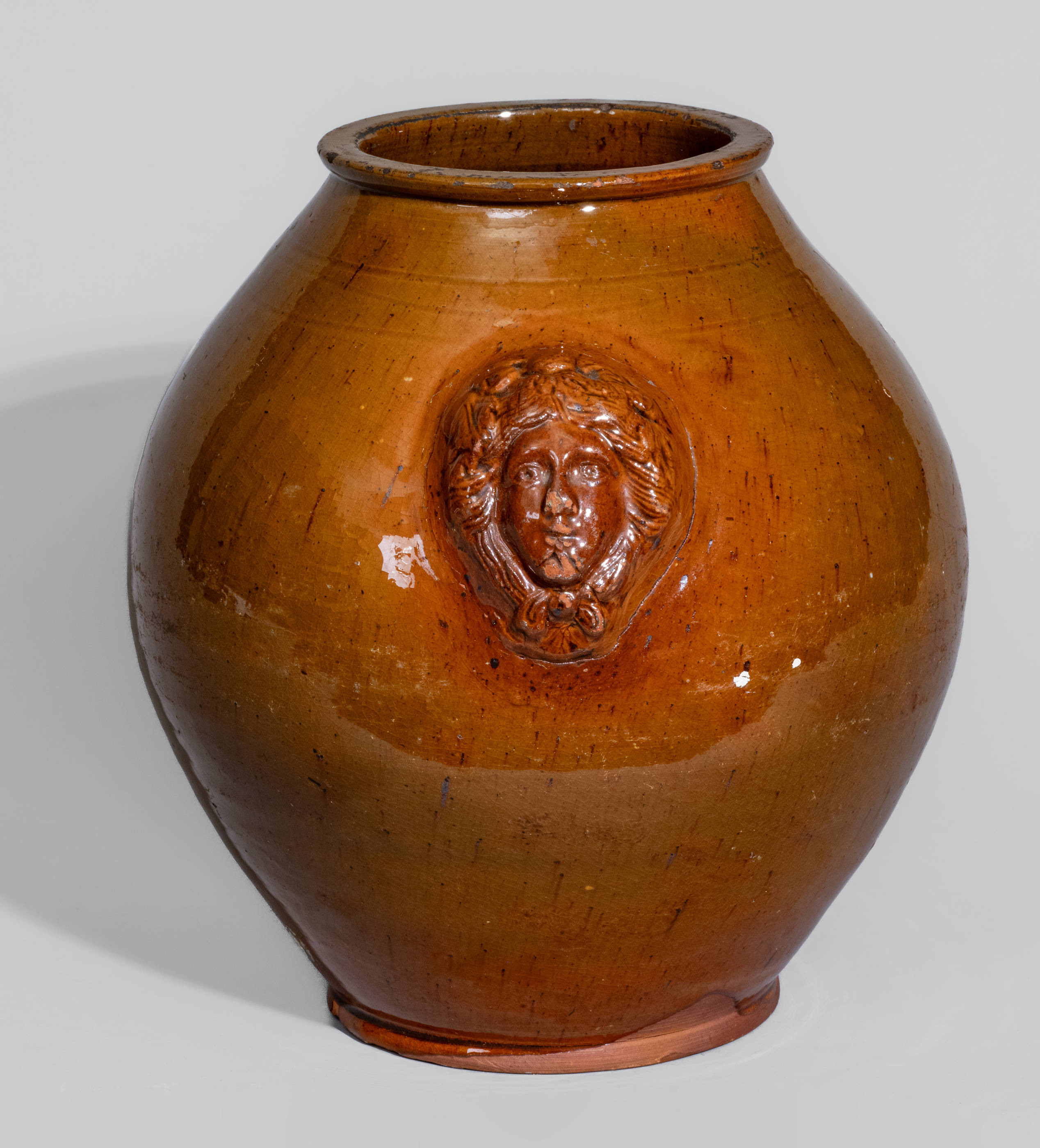 Rare and Fine Pennsylvania Redware Jar w/ Woman's Head Handles