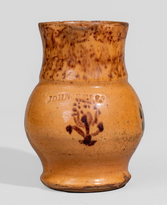 Miniature Glazed Redware Pitcher with Manganese and Copper Sponged and Freehand Decoration, Stamped 