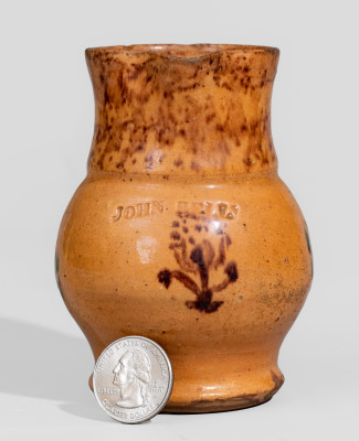 Miniature Glazed Redware Pitcher with Manganese and Copper Sponged and Freehand Decoration, Stamped 