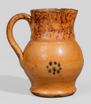 Miniature Glazed Redware Pitcher with Manganese and Copper Sponged and Freehand Decoration, Stamped 