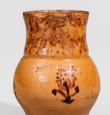 Miniature Glazed Redware Pitcher with Manganese and Copper Sponged and Freehand Decoration, Stamped 