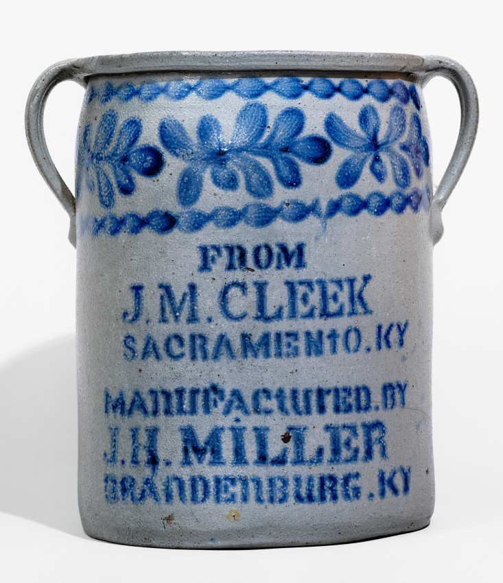 J.H. MILLER / BRANDENBURG, KY Stoneware Jar with Elaborate Cobalt Decoration and Sacramento, KY Advertising. 