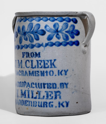 J.H. MILLER / BRANDENBURG, KY Stoneware Jar with Elaborate Cobalt Decoration and Sacramento, KY Advertising. 