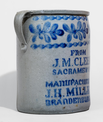 J.H. MILLER / BRANDENBURG, KY Stoneware Jar with Elaborate Cobalt Decoration and Sacramento, KY Advertising. 