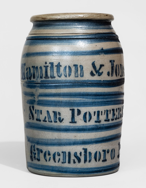 Hamilton & Jones / Star Pottery / Greensboro, Pa. Stoneware Jar with Elaborate Striped Decoration