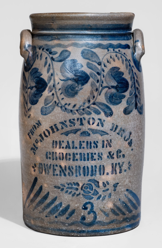 3 Gal. OWENSBORO, KY Stoneware Advertising Jar with Elaborate Floral Decoration