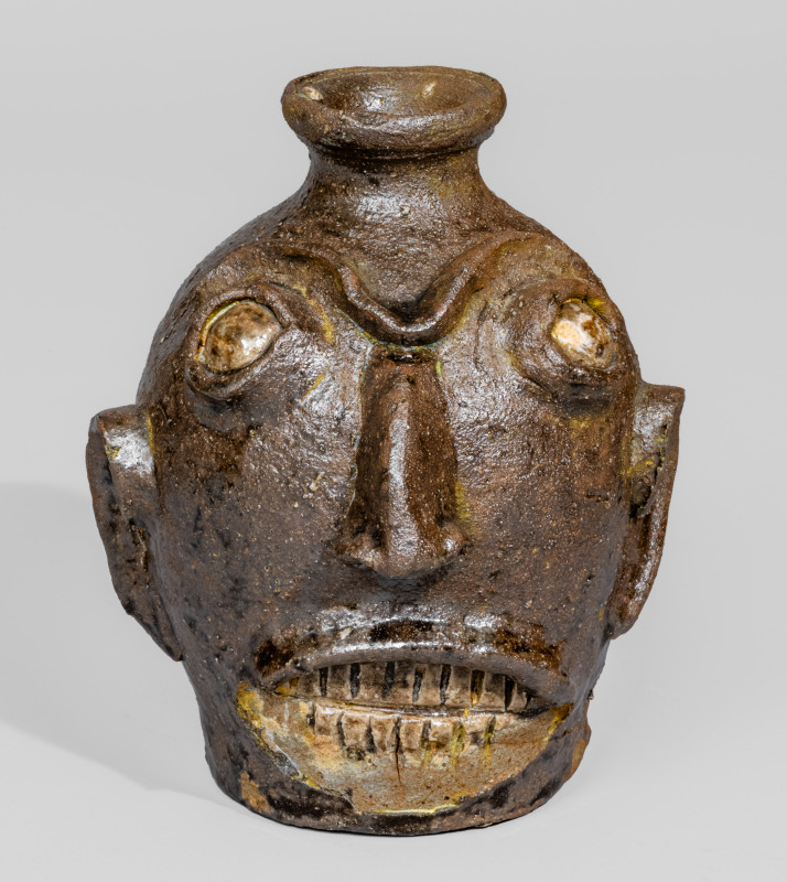 Rare Alkaline-Glazed Stoneware Face Jug with Glazed Kaolin Eyes and Teeth, Miles Mill Pottery, Edgefield District, South Carolina origin, circa 1870