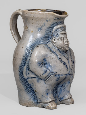 Important One-Gallon Cobalt-Decorated Stoneware Pitcher with Hand-Modeled Decoration of a Railroad Conductor, Incised 