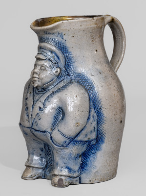 Important One-Gallon Cobalt-Decorated Stoneware Pitcher with Hand-Modeled Decoration of a Railroad Conductor, Incised 