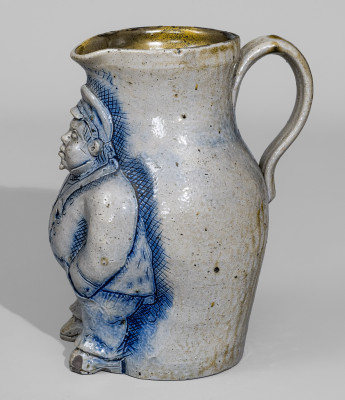 Important One-Gallon Cobalt-Decorated Stoneware Pitcher with Hand-Modeled Decoration of a Railroad Conductor, Incised 