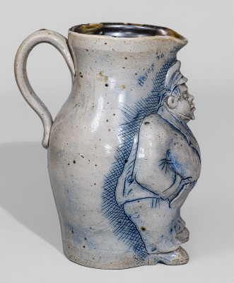 Important One-Gallon Cobalt-Decorated Stoneware Pitcher with Hand-Modeled Decoration of a Railroad Conductor, Incised 