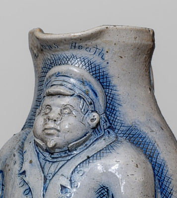 Important One-Gallon Cobalt-Decorated Stoneware Pitcher with Hand-Modeled Decoration of a Railroad Conductor, Incised 