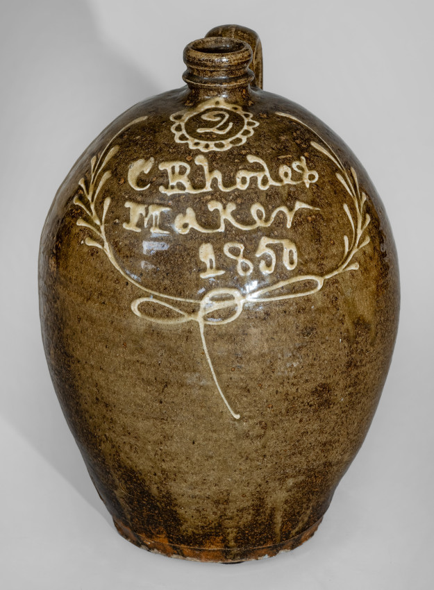 Exceptional Two-Gallon Alkaline-Glazed Stoneware Jug with Kaolin Slip Inscription, 