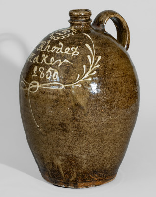 Exceptional Two-Gallon Alkaline-Glazed Stoneware Jug with Kaolin Slip Inscription, 