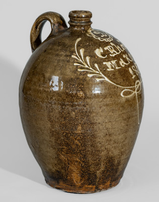 Exceptional Two-Gallon Alkaline-Glazed Stoneware Jug with Kaolin Slip Inscription, 