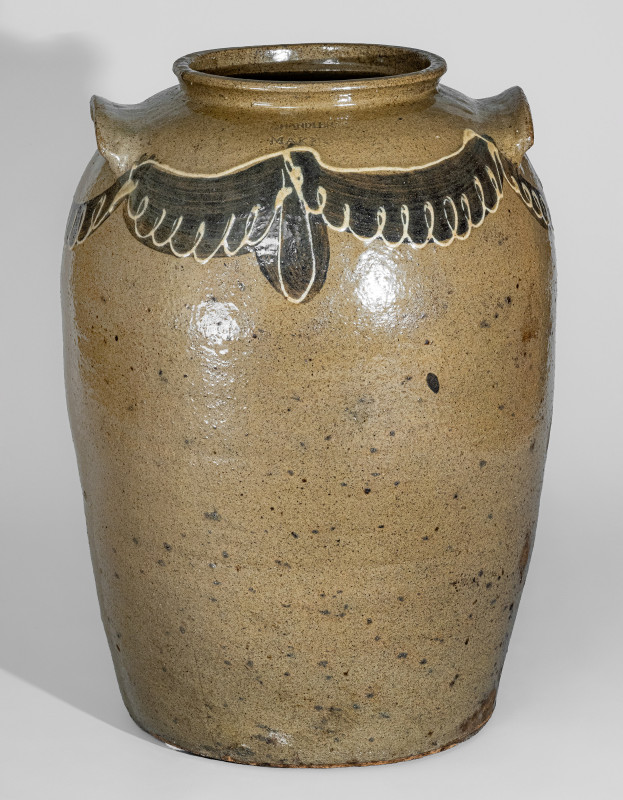 Extremely Rare Seven-Gallon Stoneware Jar with Two-Color Slip Decoration, Stamped 