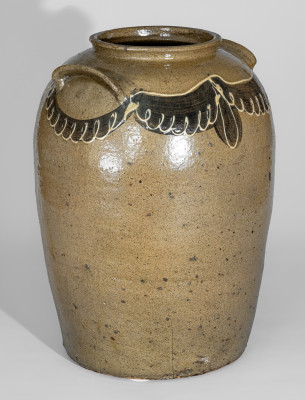 Extremely Rare Seven-Gallon Stoneware Jar with Two-Color Slip Decoration, Stamped 