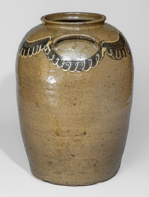 Extremely Rare Seven-Gallon Stoneware Jar with Two-Color Slip Decoration, Stamped 