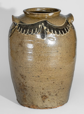 Extremely Rare Seven-Gallon Stoneware Jar with Two-Color Slip Decoration, Stamped 