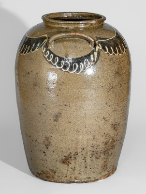 Extremely Rare Seven-Gallon Stoneware Jar with Two-Color Slip Decoration, Stamped 