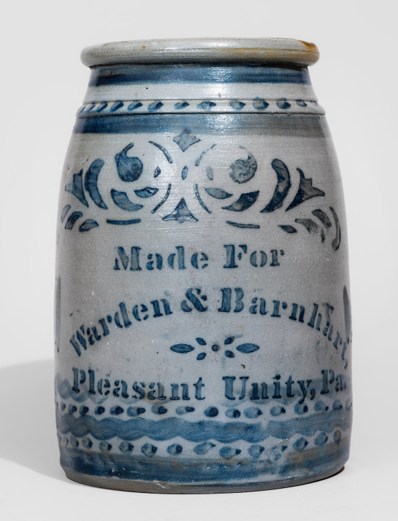 Exceptional Stoneware Canning Jar with Profuse Cobalt Decoration and Pleasant Unity, PA Advertising, Western PA origin, circa 1870.