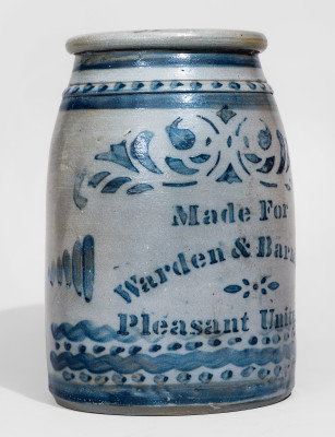Exceptional Stoneware Canning Jar with Profuse Cobalt Decoration and Pleasant Unity, PA Advertising, Western PA origin, circa 1870.