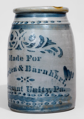 Exceptional Stoneware Canning Jar with Profuse Cobalt Decoration and Pleasant Unity, PA Advertising, Western PA origin, circa 1870.