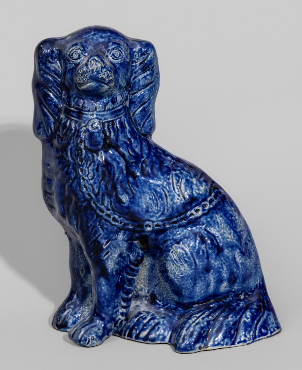 Exceptional Cobalt-Decorated Stoneware Spaniel Bank, New York State origin, circa 1860.