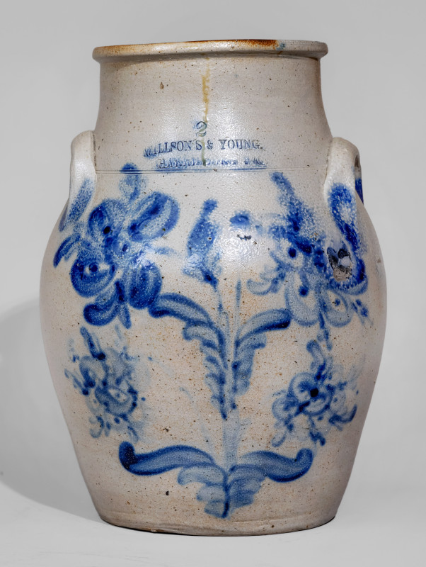 Extremely Rare Two-Gallon Stoneware Jar with Profuse Cobalt Floral Decoration, Stamped 