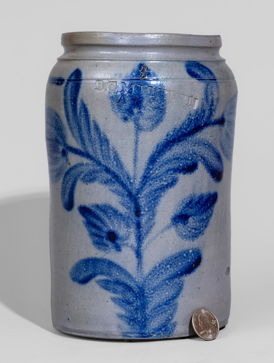 Exceptional Half-Gallon Stoneware Jar with Elaborate Cobalt Floral Decoration, Stamped 