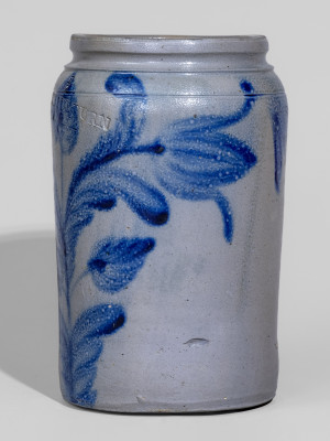 Exceptional Half-Gallon Stoneware Jar with Elaborate Cobalt Floral Decoration, Stamped 