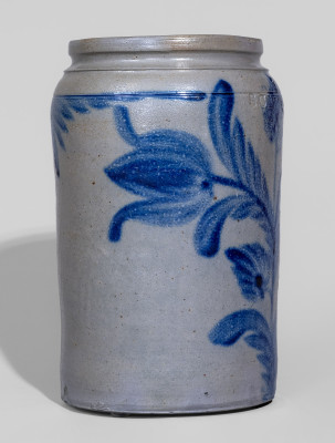 Exceptional Half-Gallon Stoneware Jar with Elaborate Cobalt Floral Decoration, Stamped 